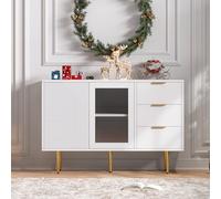 boorbin Cómoda de 3 cajones y 2 puertas con patas de metal y puertas de cristal, color blanco, 120 x 38 x 79,5 cm