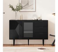 boorbin Cómoda de 3 cajones y 2 puertas con patas de metal y puertas de cristal, color negro, 120 x 38 x 79,5 cm