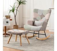 boorbin Cómoda y colorida mecedora, 93 cm de alto, ancho del asiento 43 cm, incluye 1 reposapiés (49 x 38 x 37 cm) y 1 cojín lumbar, estructura de madera de caucho resistente, diseño multicolor, silla