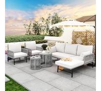 boorbin Conjunto de salón de jardín con estructura de hierro y cuerda gris, muebles de jardín de cuerda tejida para exteriores, 2 sillones, 2 sofás de 2 plazas y 2 mesas (todos los cojines incluidos)