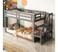 boorbin Cuna 90 x 200 cm, litera baja con escalera de seguridad, estructura de madera maciza con somier, color gris