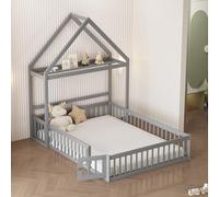 boorbin Cuna de 140 x 200 cm, estructura de madera maciza con espacio de almacenamiento, rejilla de protección completa y puertas y somier (gris)