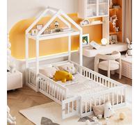 boorbin Cuna de madera maciza con espacio de almacenamiento, rejilla de protección completa y puertas y somier, 90 x 200 cm (blanco)