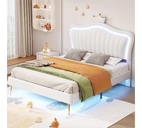 boorbin Cuna tapizada, estructura de cama para niña, de piel sintética, con luces LED, somier y respaldo, 140 x 200 cm (colchón no incluido) (blanco)