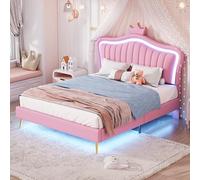boorbin Cuna tapizada, estructura de cama para niña, estructura de cama doble de piel sintética con luces LED, somier de láminas y respaldo, 140 x 200 cm (colchón no incluido) (rosa)