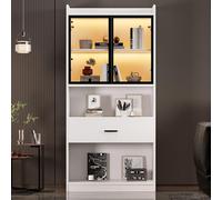 boorbin Curio Vitrina con luz, estantes de almacenamiento con puertas de cristal emergentes, 1 cajón grande y 16 colores de luz, estante de exhibición de armario coleccionable, estantería para sala de