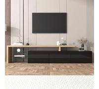 boorbin Diseño moderno de mueble de TV: elegancia elegante, espacio de almacenamiento práctico, negro brillante, imitación de madera, estantes de cristal, iluminación LED (negro y color madera, 197,5
