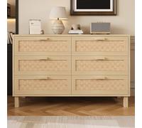 boorbin Elegante aparador y cómoda de madera natural con seis cajones, armario de dormitorio con mucho espacio de almacenamiento, cajones de ratán