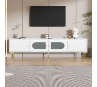boorbin Elegante armario de TV de 170 x 35 x 50 cm, cuerpo blanco con patas doradas y asas, 2 puertas con ranuras verticales, 2 puertas con cristal arqueado, capacidad de carga de 35 kg, mueble para