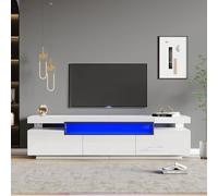 boorbin Elegante armario de TV de alto brillo, color blanco con iluminación LED de 16 colores, espacio para televisores de 70 pulgadas, incluye 3 cajones, soporte para TV de alto brillo (blanco, 160 x