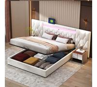 boorbin Elegante cama tapizada de 160 x 200 cm, con respaldo grande, cama de terciopelo con LED y enchufe USB, sistema de almacenamiento hidráulico, cama clásica (beis, 180 x 200 cm)