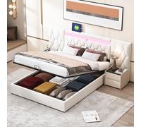 boorbin Elegante cama tapizada de 160 x 200 cm, con respaldo grande, cama de terciopelo con LED y enchufe USB, sistema de almacenamiento hidráulico, cama clásica (beis, 160 x 200 cm)