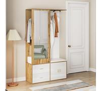 boorbin Elegante juego de perchero con espejo, zapatero, zapatero con gancho y barra extensible (color blanco y madera)