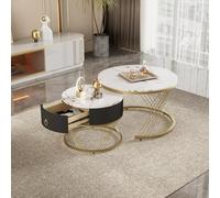 boorbin Elegante mesa de centro compuesta con aspecto de mármol, decoración dorada, mesa auxiliar con cajones, juego de 2 (blanco+negro+dorado)