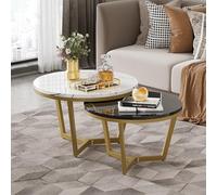 boorbin Elegante mesa de centro compuesta: mesa auxiliar con aspecto de mármol, estructura metálica dorada, juego de 2 (blanco + negro, 70 x 70 x 45 + 50 x 50 x 40 cm)