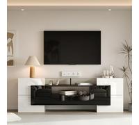 boorbin Elegante mueble de TV con panel bajo, color blanco brillante y negro, 200 cm, iluminación LED, muebles de salón, diseño moderno, elegante acabado de cristal.