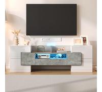 boorbin Elegante mueble de TV de color blanco brillante, 145 cm, iluminación LED, muebles de salón, diseño moderno, elegante superficie de cristal (blanco y hormigón)