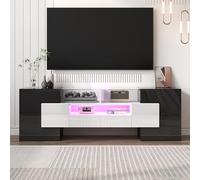 boorbin Elegante mueble de TV de color blanco brillante, 145 cm, iluminación LED, muebles de salón, diseño moderno, elegante superficie de cristal (blanco y negro)