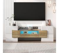 boorbin Elegante mueble de TV de color blanco brillante, 145 cm, iluminación LED, muebles de salón, diseño moderno, elegante superficie de cristal (blanco y madera)