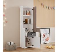 boorbin Estantería alta para adolescentes con puerta en forma de L con cajón, armarios de almacenamiento, puertas con bisagras, botones cuadrados de metal, MDF, color blanco + olmo claro + gris