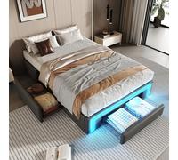 boorbin Estructura de cama 90 x 200 cm con cajones, cama de piel sintética sin cabecero con tira de luz LED, listones de metal, cama de plataforma para dormitorios modernos, gris