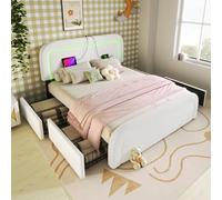 boorbin Estructura de cama con función de carga USB tipo C, iluminación LED y 2 cajones, cama individual tapizada, cabecero de altura ajustable, somier de láminas de madera, color blanco sherp, sin