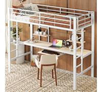 boorbin Estructura de cama de metal, cama de hierro, cama alta con escritorio y dos estanterías para niños, adolescentes y adultos (blanco, 90 x 200 cm)