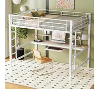boorbin Estructura de cama de metal, cama de hierro, cama alta con escritorio y dos estanterías para niños, adolescentes y adultos (blanco, 140 x 200 cm)