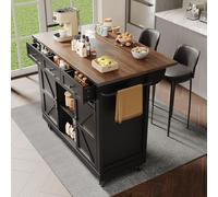 boorbin Isla de cocina, carrito de servicio con encimera extensible, carrito de cocina con ruedas, mueble de cocina con vetas de madera, color negro