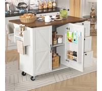 boorbin Isla de cocina, carrito de servir con encimera extensible, armario de cocina, carrito de cocina, carrito de comedor con vetas de madera, carro comedor con dos puertas y tres cajones (blanco,