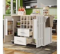 boorbin Isla de cocina con divisores extraíbles, carrito de comedor con encimera, armario buffet, carrito de comedor con vetas de madera, toallero lateral (blanco, 140 x 40 x 94,5 cm)