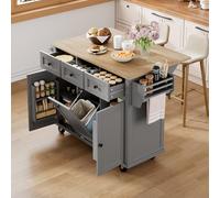 boorbin Isla de cocina con ruedas, extensible para comedor, isla de cocina con cubo de basura y cajones, isla de cocina móvil, ideal para cocina y comedor (gris)
