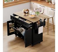 boorbin Isla de cocina con ruedas, extensible para comedor, isla de cocina con cubo de basura y cajones, isla de cocina móvil, ideal para cocina y comedor (negro)