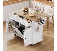 boorbin Isla de cocina con ruedas, extensible para comedor, isla de cocina con cubo de basura y cajones, isla de cocina móvil, ideal para cocina y comedor (blanco)