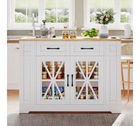 boorbin Isla de cocina portátil de 120 cm con mesa de comedor plegable, estante abierto, puerto CA, puerto USB, puerta de cristal, laminado ajustable, ruedas con frenos para cocina, comedor, sala de