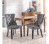 boorbin Juego de 2 sillas de comedor de terciopelo con patas de roble, botón, golpeador cromado y cabezal de clavo, silla de dormitorio, cocina, salón, salón, silla de ocio (gris, 4 unidades)