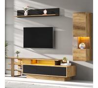 boorbin Juego de 3 muebles de pared para TV, iluminación LED, salón, pared frontal, TV hasta 80 pulgadas, color negro + madera natural (natural + negro)