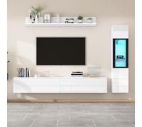boorbin Juego de 3 muebles de salón para TV, iluminación LED, color blanco brillante, 1 mueble de salón, 1 armario para TV, 1 vitrina para salón, 1 estante colgante (blanco)