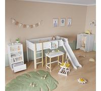 boorbin Juego de dormitorio completo, 3 piezas. cama alta+armario+estantería, litera con tobogán y mesa, armario y estanterías con varios espacios de almacenamiento, pino+MDF, blanco+natural