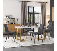 boorbin Juego de mesa de comedor (117 × 68 cm, mesa de comedor con 4 sillas), mesa de comedor rectangular moderna, patas de mesa doradas, tela de lino de sarga gris oscuro