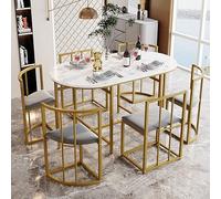 boorbin Juego de mesa de comedor blanco, sillas con 6 respaldos y tapicería gris, estructura de hierro chapado en oro, mesa de comedor y juego de sillas, moderno