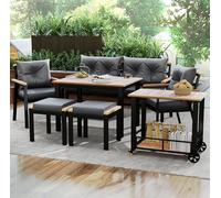 boorbin Juego de mesa de comedor y silla de madera de acacia, muebles de jardín, mesa de comedor y silla de jardín de 6 a 7 plazas con sillones y carrito de comedor extraíble, funda de tela extraíble