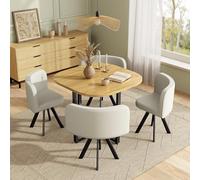 boorbin Juego de mesa de comedor y silla para 4 personas, compuesto por una mesa de comedor (85 x 85 cm) y cuatro sillas tapizadas de lino, adecuado para cocina y comedor (mesa de roble + sillas beige