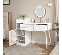 boorbin Juego de mesa de maquillaje con espejo LED e iluminación de 3 colores, tocador de madera con 3 cajones y armario lateral, diseño extensible - Dimensiones: 120 x 90 x 40 cm (sin taburete
