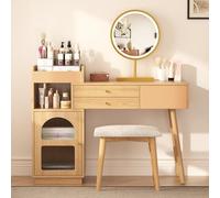 boorbin Juego de mesa de maquillaje con espejo LED e iluminación de 3 colores, tocador de madera con 3 cajones y armario lateral, diseño extensible - Dimensiones: 120 x 90 x 40 cm (sin taburete