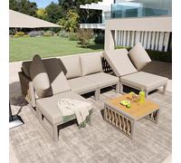 boorbin Juego de muebles de jardín con cojín de alta calidad y cojín de respaldo, sillón de jardín para 6 personas, tumbona doble para exteriores, ángulo de respaldo ajustable (beige)