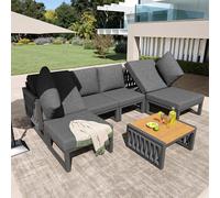 boorbin Juego de muebles de jardín con cojín de alta calidad y cojín de respaldo, sillón de jardín para 6 personas, tumbona doble para exteriores, ángulo de respaldo ajustable (gris)