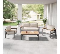 boorbin Juego de muebles de jardín con marco de acero galvanizado (juego ancho, juego de 4 piezas, 1 sofá de 2 plazas, 2 sillas individuales, 1 mesa), tablero de madera de acacia y reposabrazos (beige