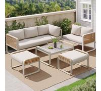 boorbin Juego de muebles de jardín de ratán para 6-7 personas, sofá esquinero con estructura de hierro galvanizado, patas ajustables, incluye todos los cojines de asiento y respaldo (beige)