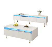 boorbin Juego de muebles de salón con mueble de TV, mesa de café, moderna y elegante, iluminación LED, estructura ondulada y frontal acrílico (blanco, 110 x 50 x 40 x 178 x 35 x 45 cm)